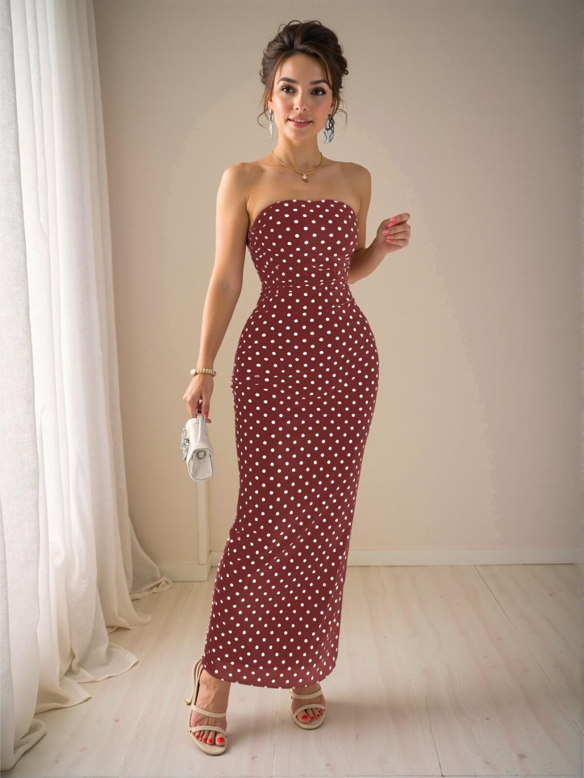 Elegant Burgundy Mermaid Ruched Waist Polka Dot Mesh Bustier Dress for Spring and Summer - Chic, Classy and Trendy Fashion Style to Dress to Impress - Image 3