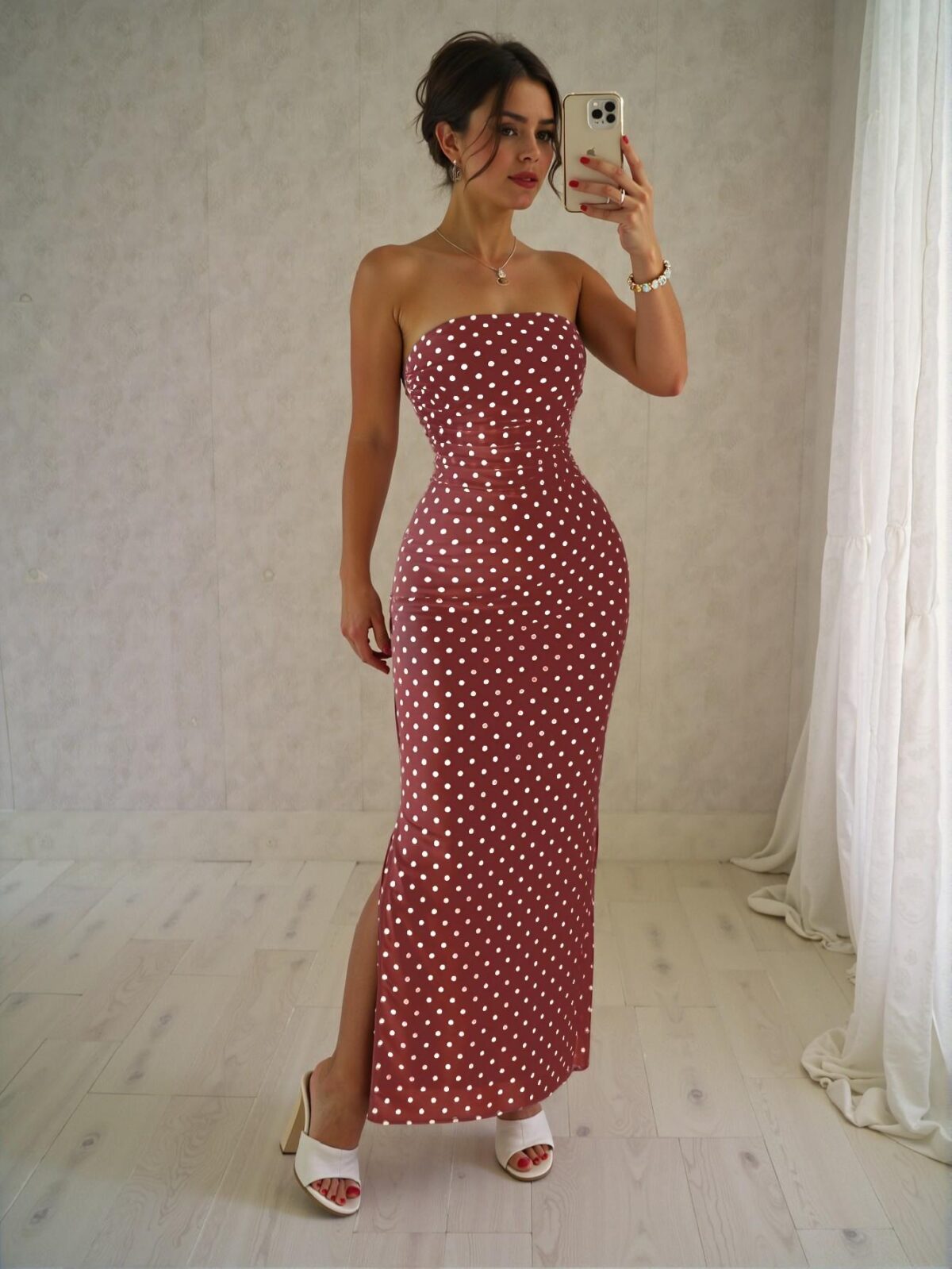 Elegant Burgundy Mermaid Ruched Waist Polka Dot Mesh Bustier Dress for Spring and Summer - Chic, Classy and Trendy Fashion Style to Dress to Impress - Image 5
