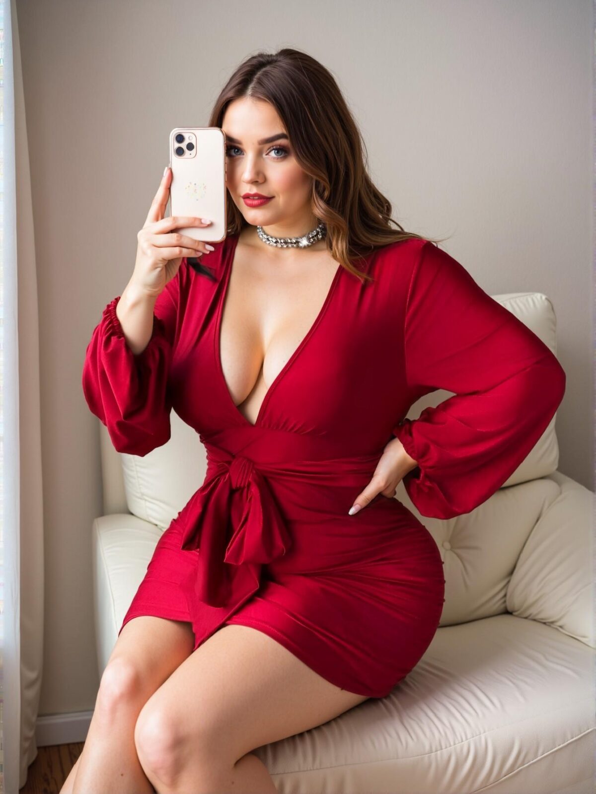 Elegant Burgundy Plus Size Women's Bodycon Dress with Ruffled Tie and Lantern Sleeves for Valentine's Day - Chic, Classy and Trendy Fashion Style to Dress to Impress