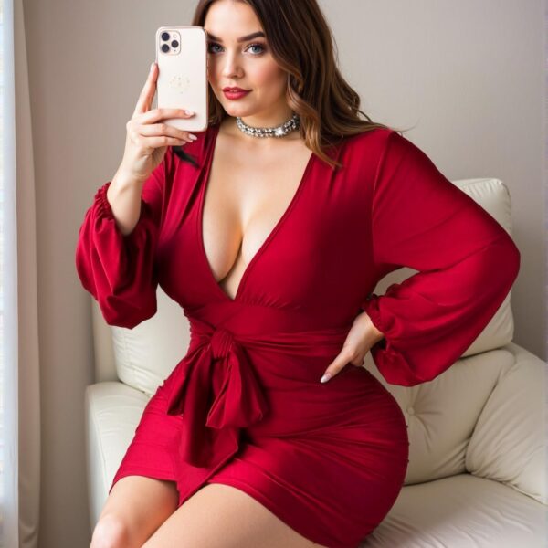 Elegant Burgundy Plus Size Women's Bodycon Dress with Ruffled Tie and Lantern Sleeves for Valentine's Day - Chic, Classy and Trendy Fashion Style to Dress to Impress