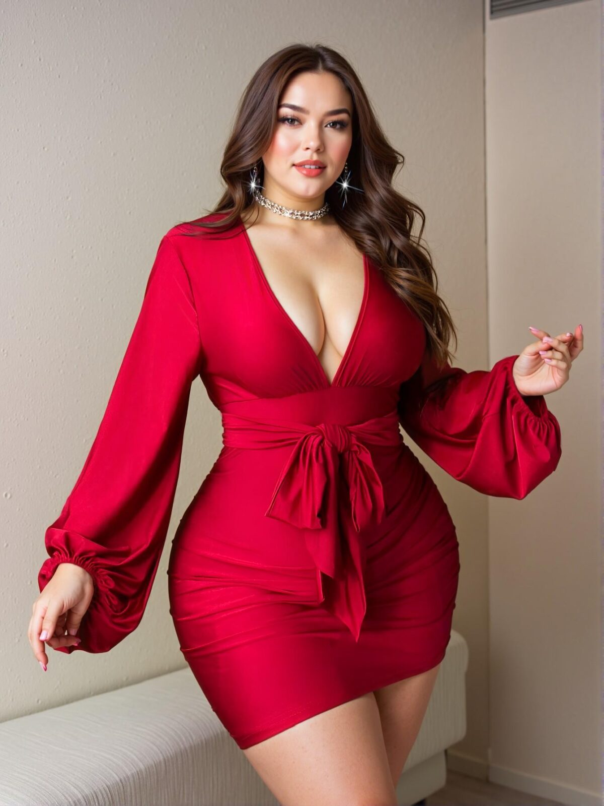 Elegant Burgundy Plus Size Women's Bodycon Dress with Ruffled Tie and Lantern Sleeves for Valentine's Day - Chic, Classy and Trendy Fashion Style to Dress to Impress - Image 2