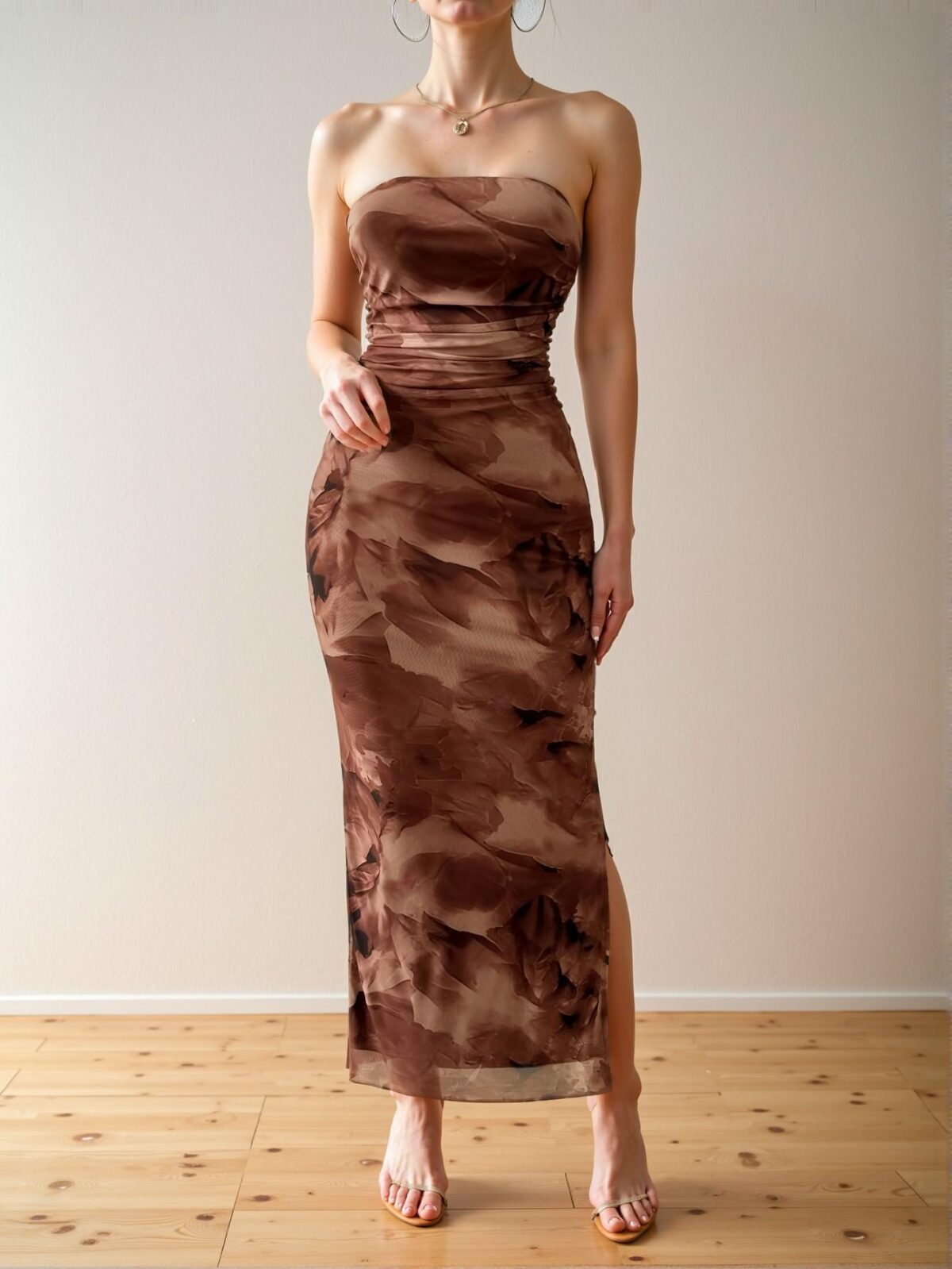 Elegant Coffee Pleated Slim Fit Bandeau Maxi Dress with Side Slit and Floral Print for Spring and Summer, Chic, Classy and Trendy Fashion Style to Dress to Impress - Image 3