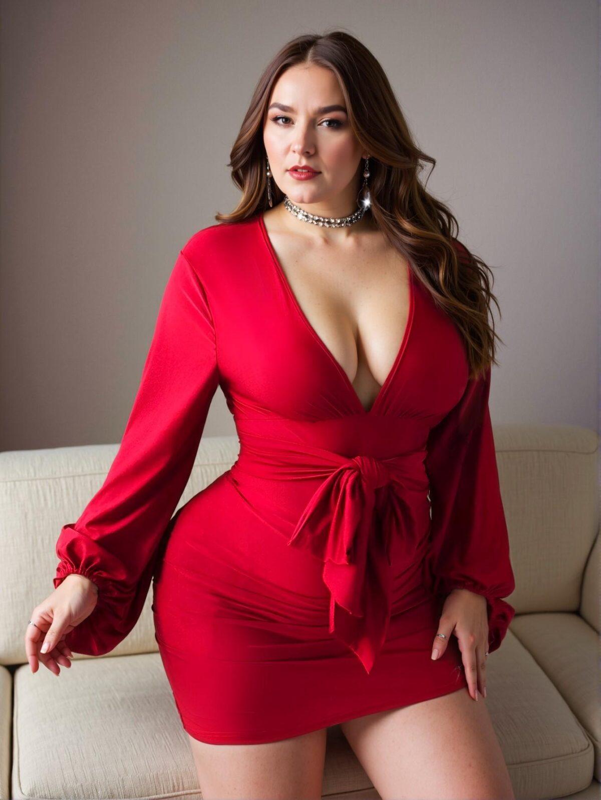 Elegant Burgundy Plus Size Women's Bodycon Dress with Ruffled Tie and Lantern Sleeves for Valentine's Day - Chic, Classy and Trendy Fashion Style to Dress to Impress - Image 4