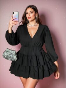 Elegant Black Refined V-Neck Ruffle Hem Long Sleeve Dress for Valentine’s Day - Chic, Classy and Trendy Fashion Style to Dress to Impress
