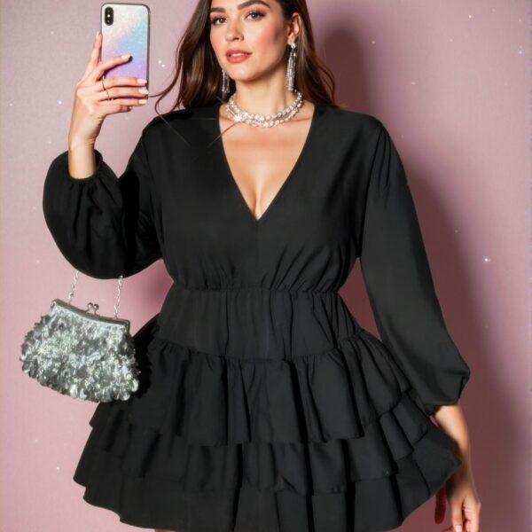 Elegant Black Refined V-Neck Ruffle Hem Long Sleeve Dress for Valentine’s Day - Chic, Classy and Trendy Fashion Style to Dress to Impress