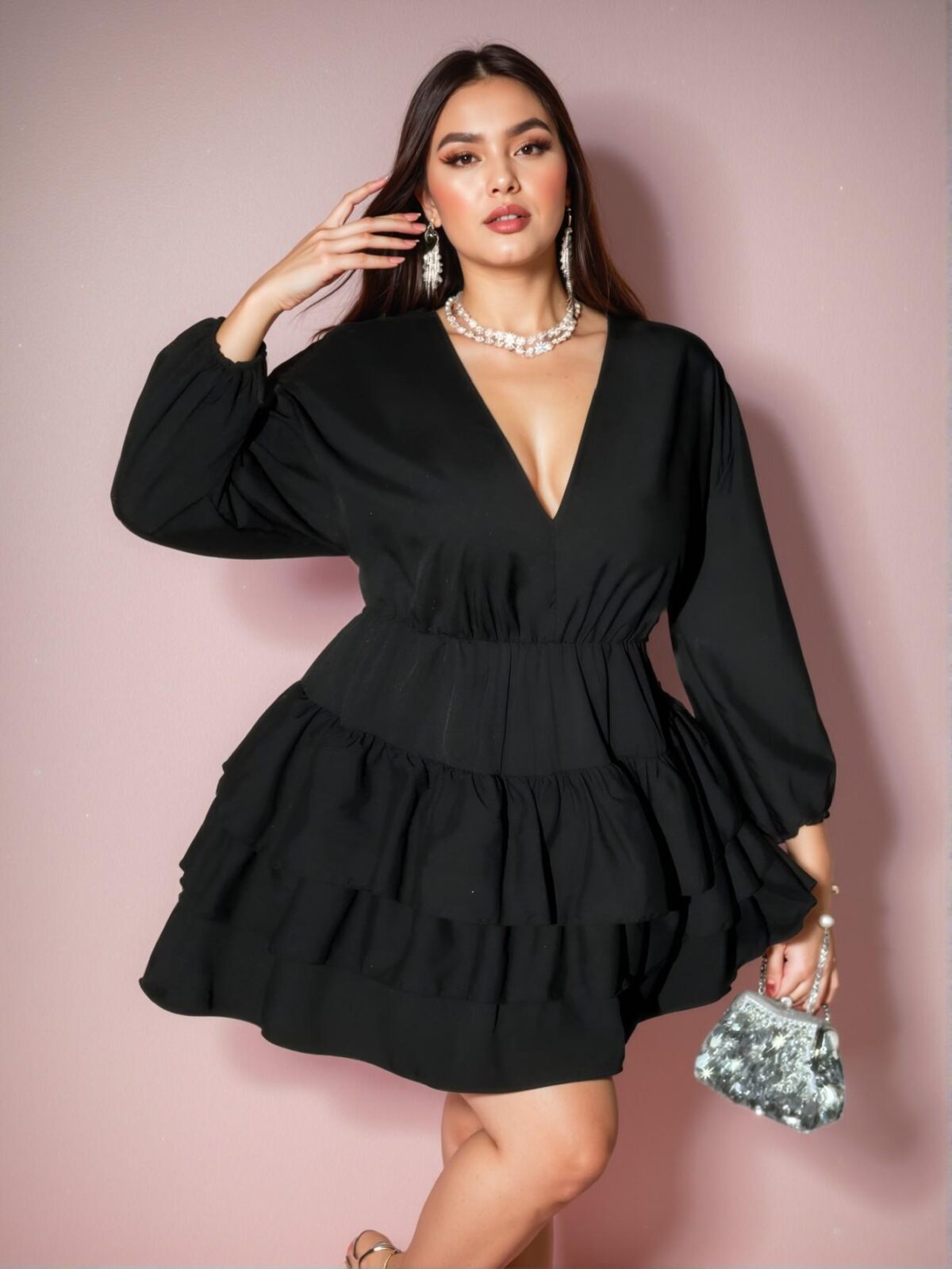 Elegant Black Refined V-Neck Ruffle Hem Long Sleeve Dress for Valentine’s Day - Chic, Classy and Trendy Fashion Style to Dress to Impress - Image 4