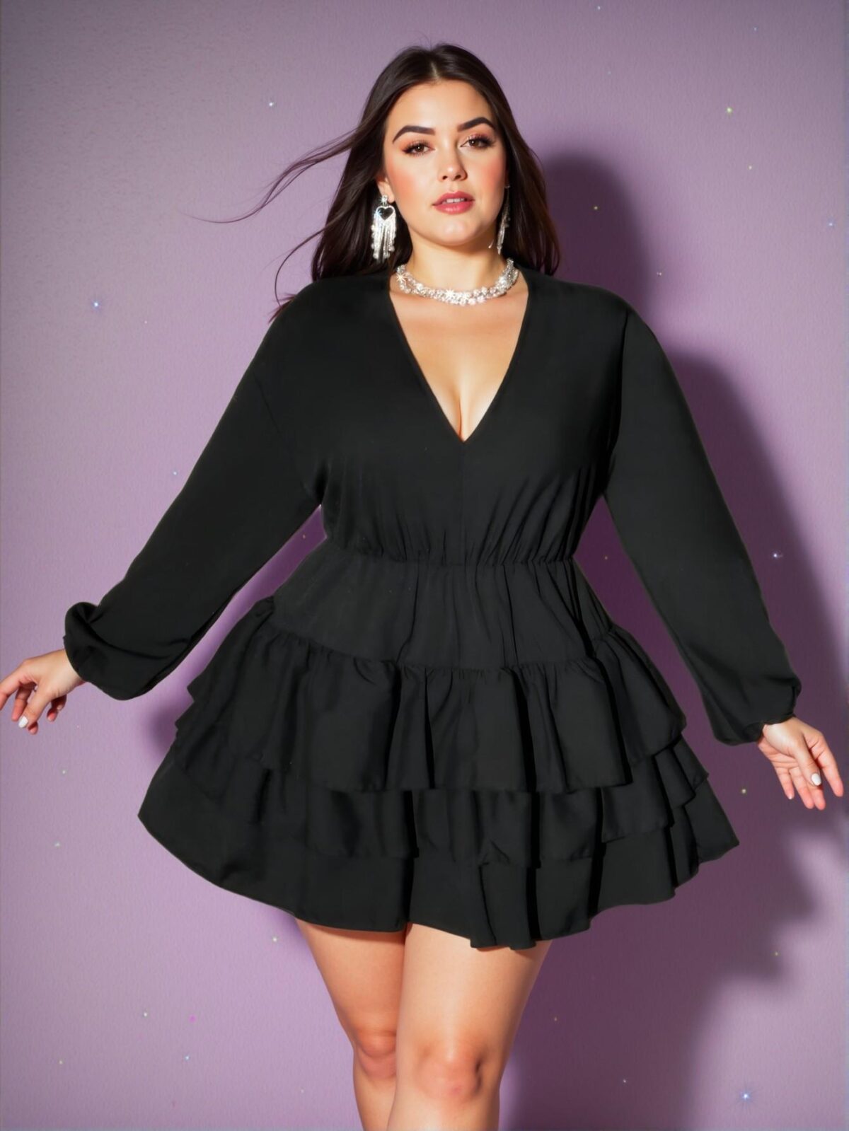 Elegant Black Refined V-Neck Ruffle Hem Long Sleeve Dress for Valentine’s Day - Chic, Classy and Trendy Fashion Style to Dress to Impress - Image 5