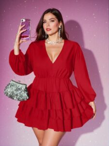 Elegant Red Tiered A-Line Dress with Bishop Sleeves and Ruffle Hem - Chic, Classy and Trendy Fashion Style to Dress to Impress
