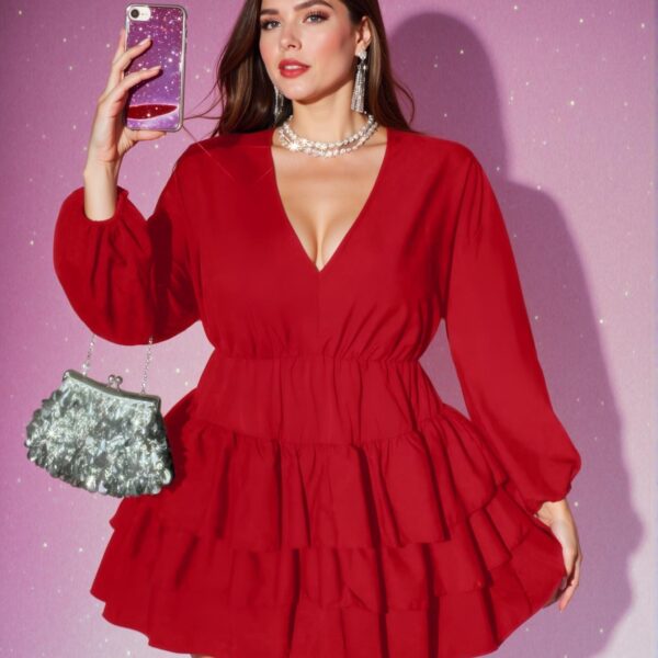 Elegant Red Tiered A-Line Dress with Bishop Sleeves and Ruffle Hem - Chic, Classy and Trendy Fashion Style to Dress to Impress