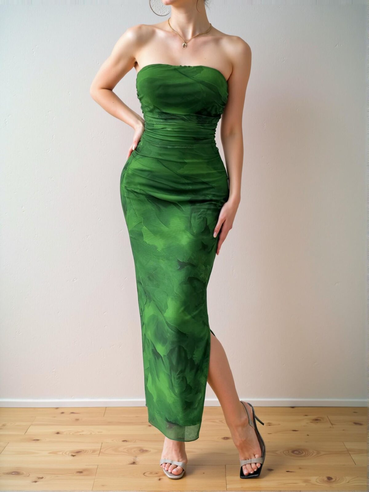 Elegant Green Bodycon Maxi Dress with Strapless Design and Side Slit Hemline for Spring and Summer - Chic, Classy and Trendy Fashion Style to Dress to Impress - Image 3
