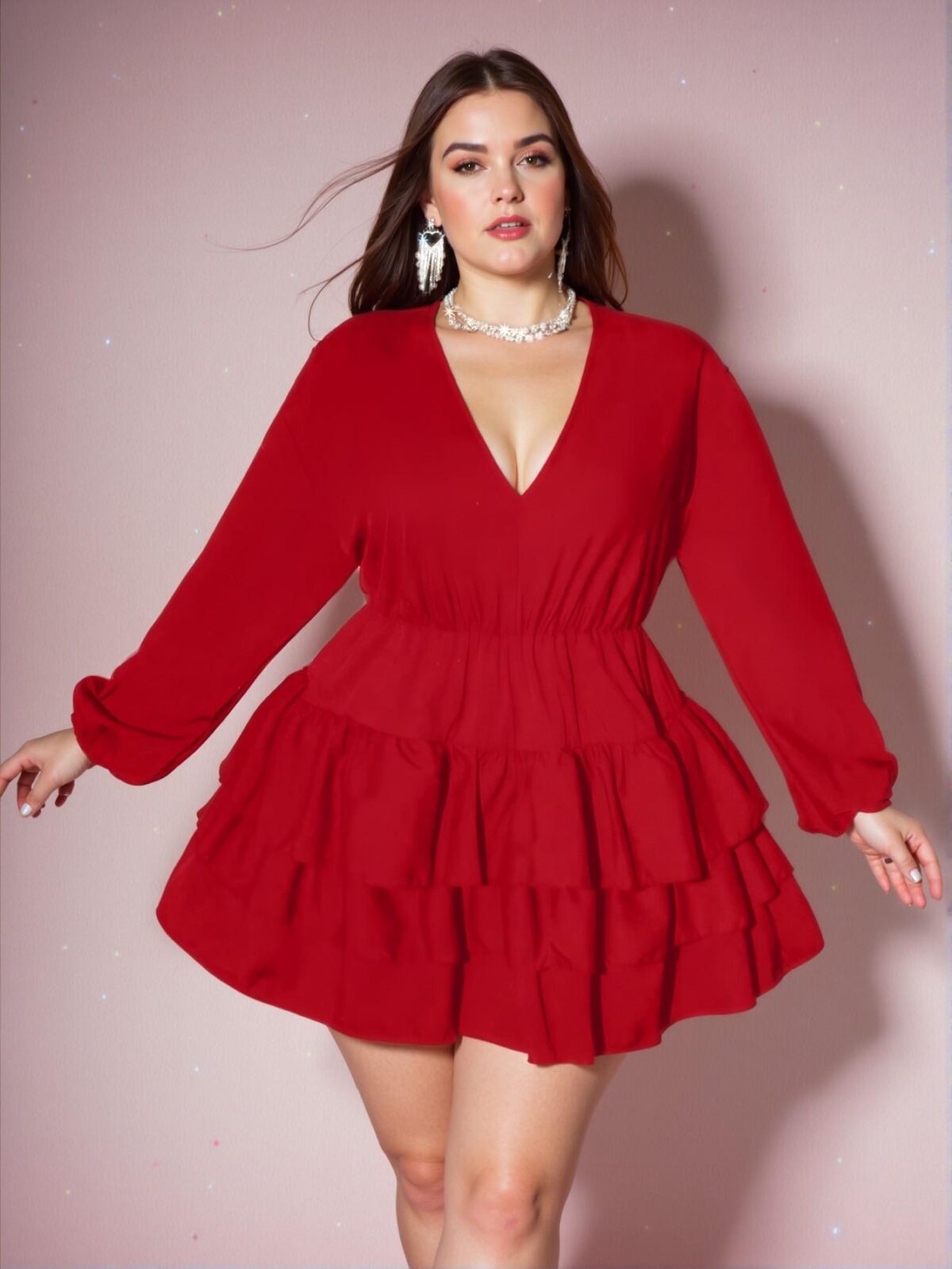 Elegant Red Tiered A-Line Dress with Bishop Sleeves and Ruffle Hem - Chic, Classy and Trendy Fashion Style to Dress to Impress - Image 3