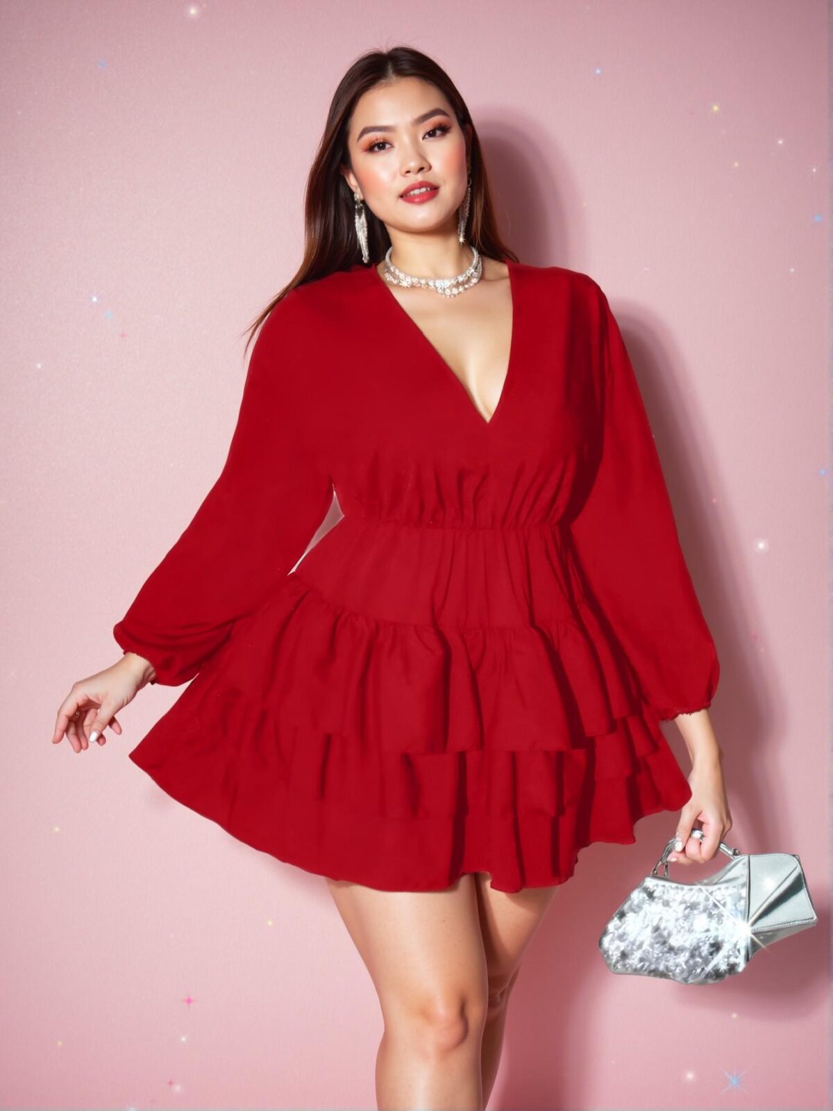 Elegant Red Tiered A-Line Dress with Bishop Sleeves and Ruffle Hem - Chic, Classy and Trendy Fashion Style to Dress to Impress - Image 4
