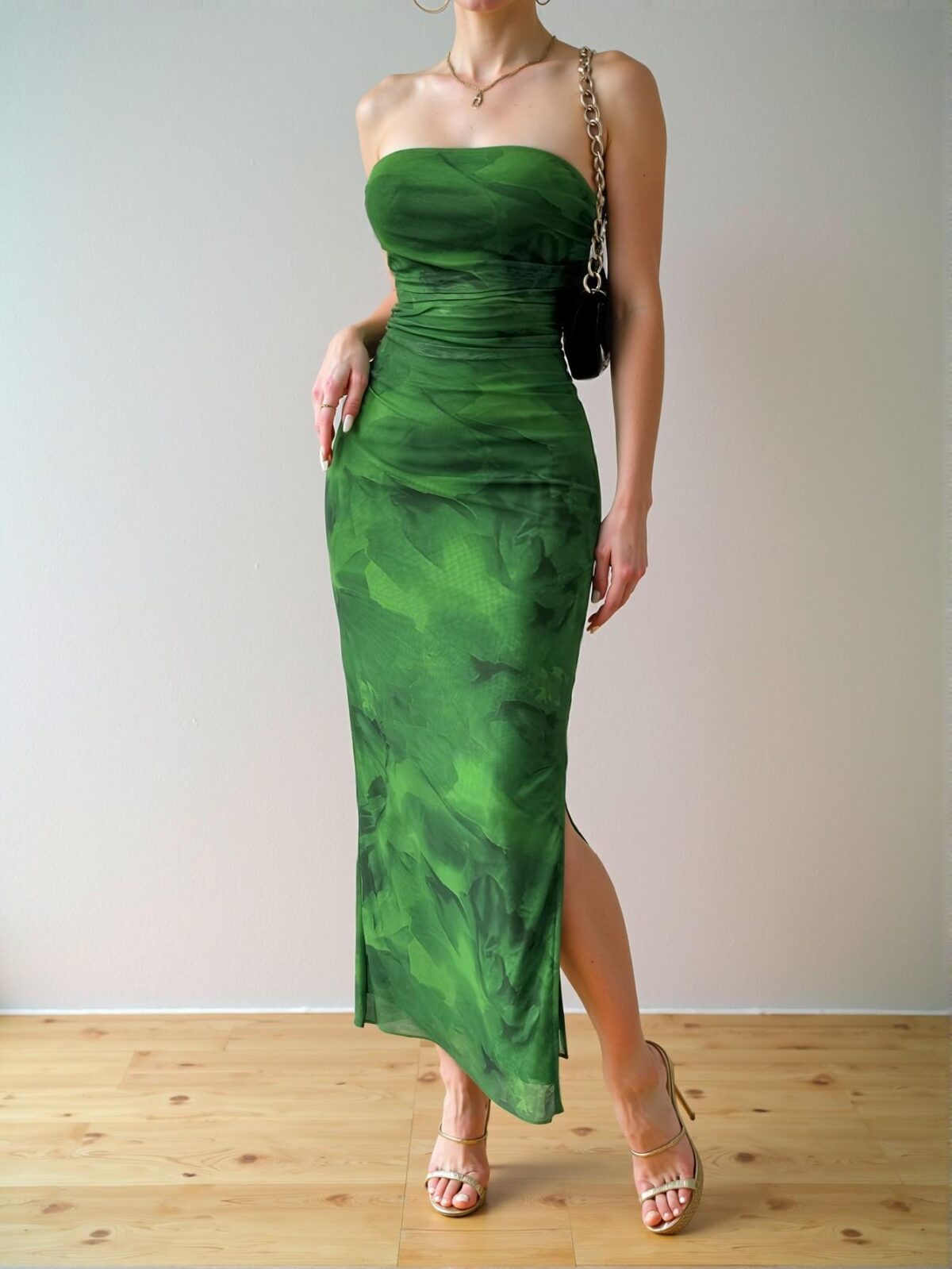 Elegant Green Bodycon Maxi Dress with Strapless Design and Side Slit Hemline for Spring and Summer - Chic, Classy and Trendy Fashion Style to Dress to Impress - Image 5