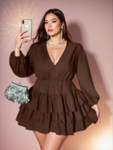 Elegant Coffee Brown Casual Chic A-Line Dress with Ruffle Hem and Bishop Sleeves - Chic, Classy and Trendy Fashion Style to Dress to Impress