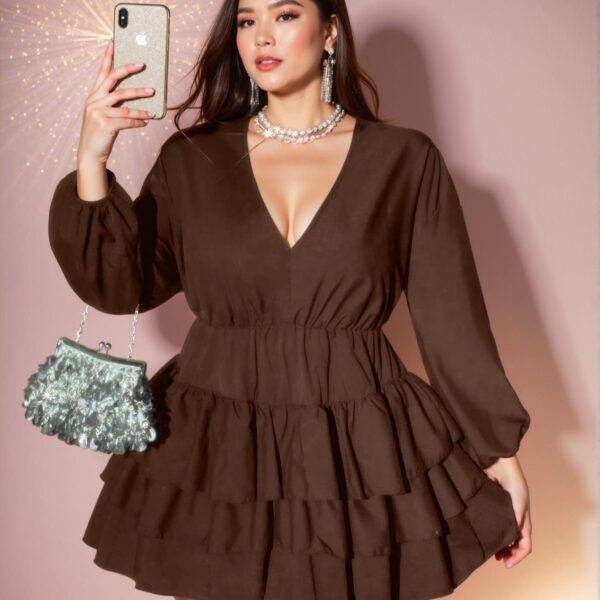 Elegant Coffee Brown Casual Chic A-Line Dress with Ruffle Hem and Bishop Sleeves - Chic, Classy and Trendy Fashion Style to Dress to Impress