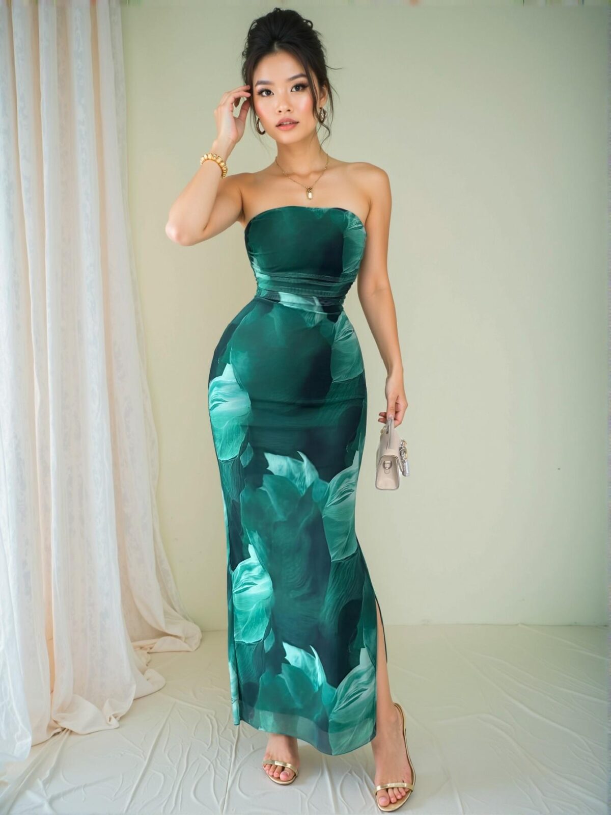 Elegant Green Stylish Gradient Leaf Print Mesh Bodycon Slit Dress for Warm Weather Outings – Chic, Classy and Trendy Fashion Style to Dress to Impress