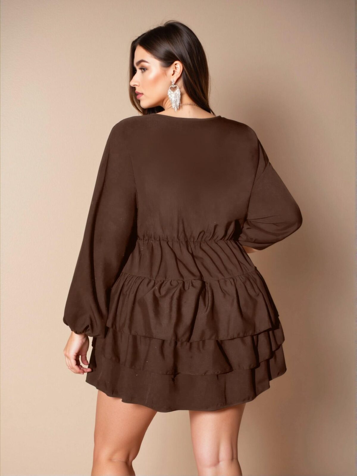 Elegant Coffee Brown Casual Chic A-Line Dress with Ruffle Hem and Bishop Sleeves - Chic, Classy and Trendy Fashion Style to Dress to Impress - Image 2
