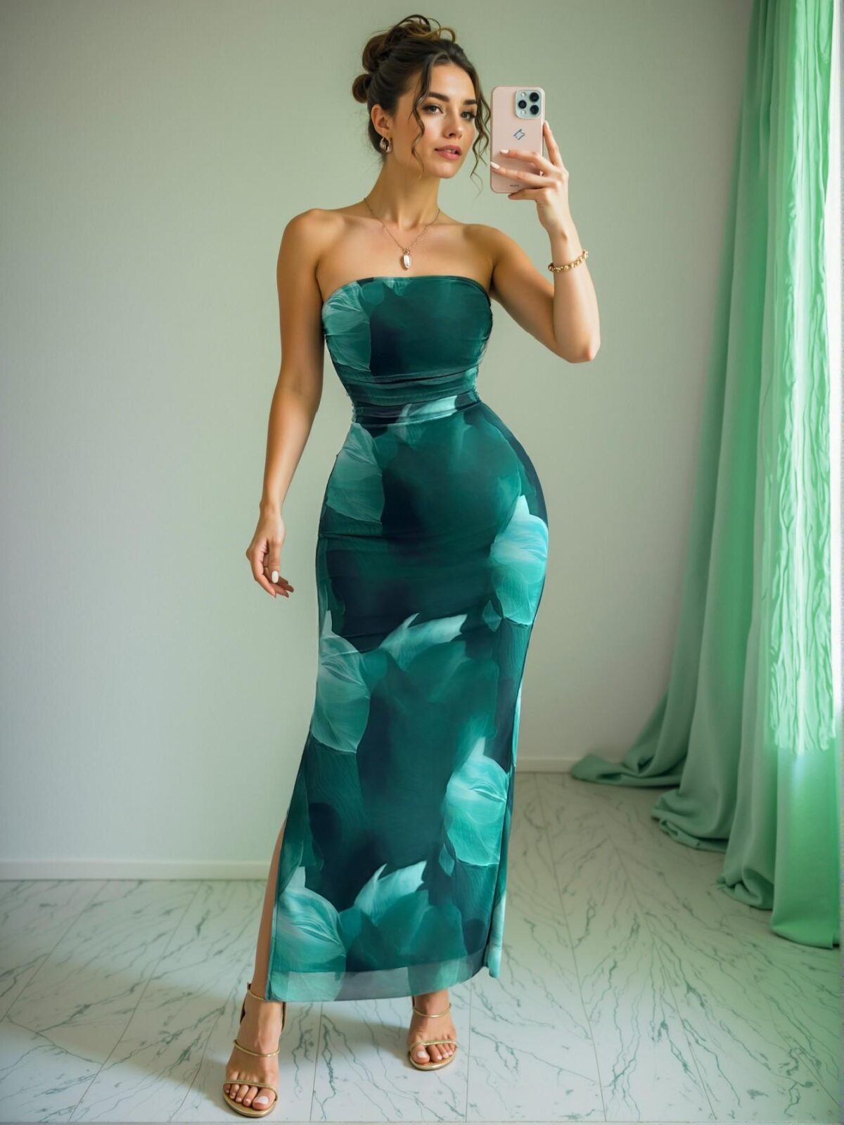 Elegant Green Stylish Gradient Leaf Print Mesh Bodycon Slit Dress for Warm Weather Outings – Chic, Classy and Trendy Fashion Style to Dress to Impress - Image 4
