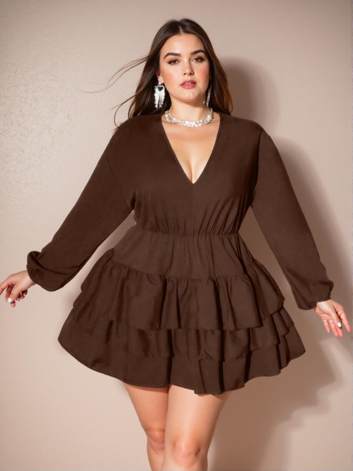 Elegant Coffee Brown Casual Chic A-Line Dress with Ruffle Hem and Bishop Sleeves - Chic, Classy and Trendy Fashion Style to Dress to Impress - Image 5