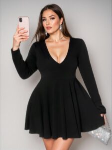 Elegant Black Stunning A-Line Peplum Dress with Deep V-Neck and Long Sleeves for a Fashion-Forward Look "Chic, Classy and Trendy Fashion Style to Dress to Impress"