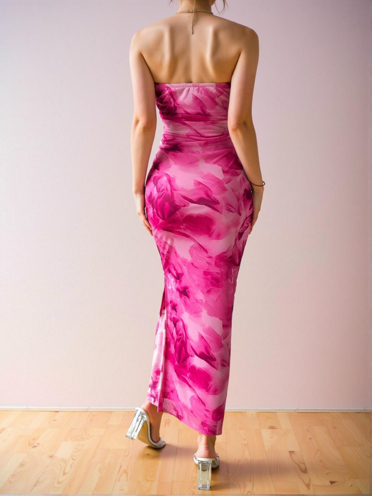 Elegant Hot Pink Stylish Floral Fish Tail Hem Strapless Maxi Dress for Spring and Summer - Chic, Classy and Trendy Fashion Style to Dress to Impress - Image 2