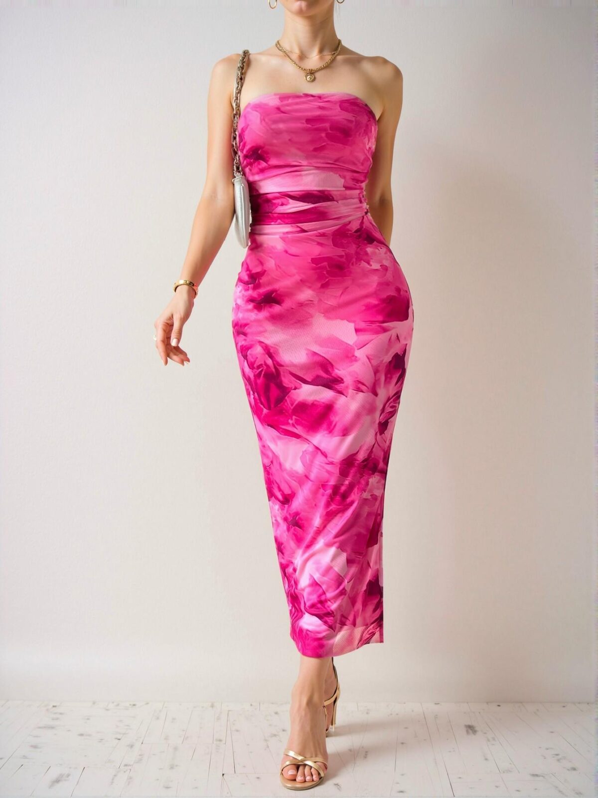 Elegant Hot Pink Stylish Floral Fish Tail Hem Strapless Maxi Dress for Spring and Summer - Chic, Classy and Trendy Fashion Style to Dress to Impress - Image 3