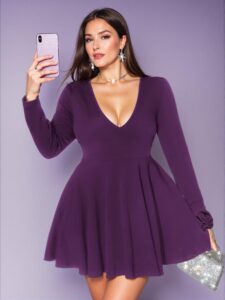 Elegant Purple Flared A-Line Long Sleeve Mini Dress with Deep V-Neck and Hollow-Out Design - Chic, Classy and Trendy Fashion Style to Dress to Impress