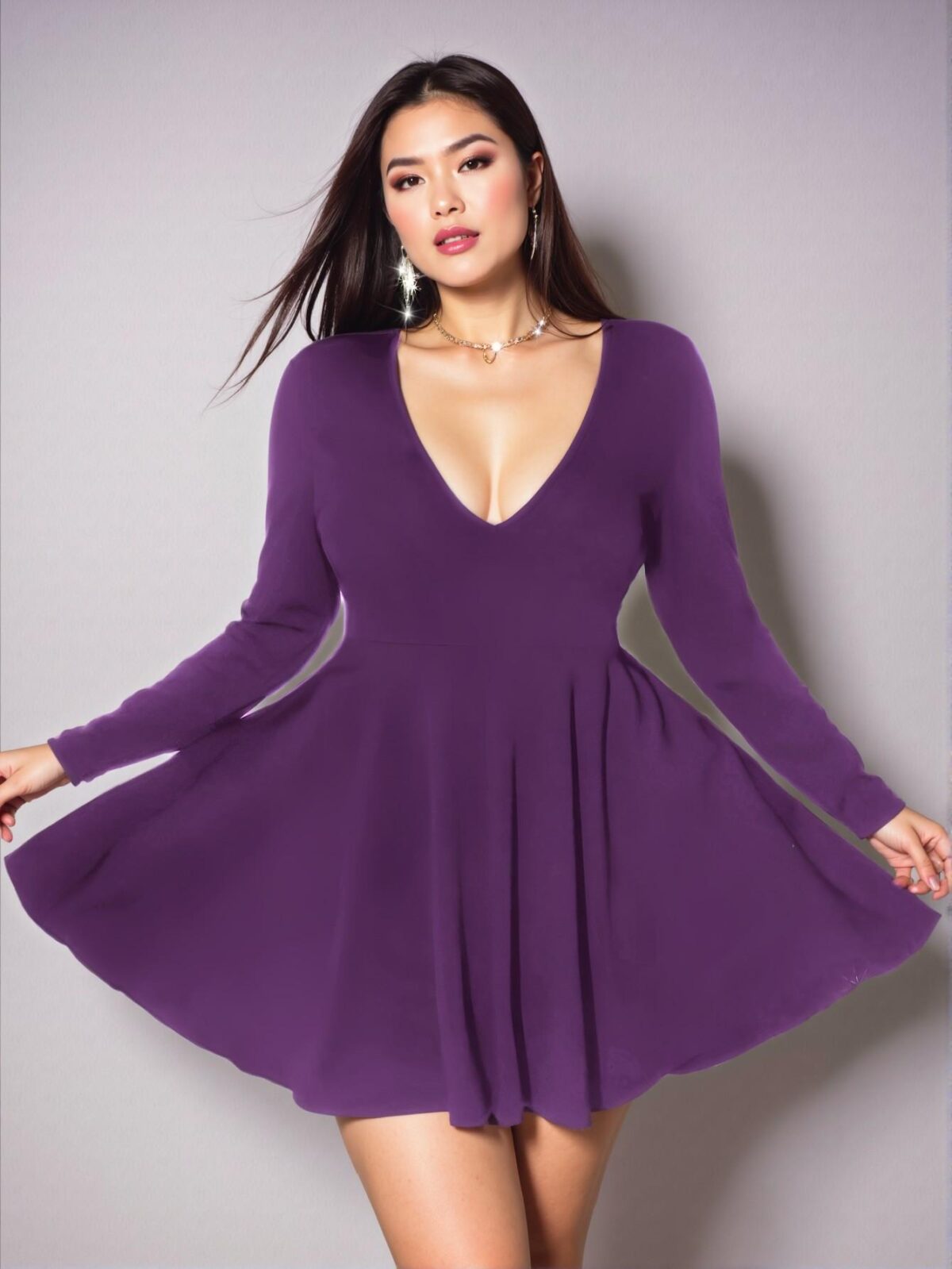 Elegant Purple Flared A-Line Long Sleeve Mini Dress with Deep V-Neck and Hollow-Out Design - Chic, Classy and Trendy Fashion Style to Dress to Impress - Image 2