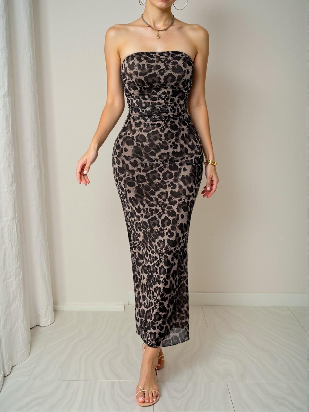 Elegant Khaki Fitted Sleeveless Gathered Dress with Leopard Print for Spring and Summer - Chic, Classy and Trendy Fashion Style to Dress to Impress - Image 4