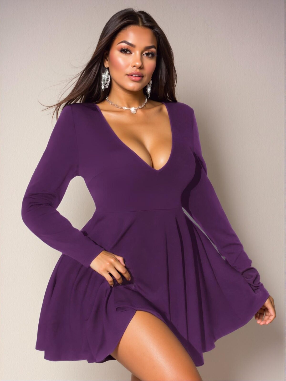 Elegant Purple Flared A-Line Long Sleeve Mini Dress with Deep V-Neck and Hollow-Out Design - Chic, Classy and Trendy Fashion Style to Dress to Impress - Image 5