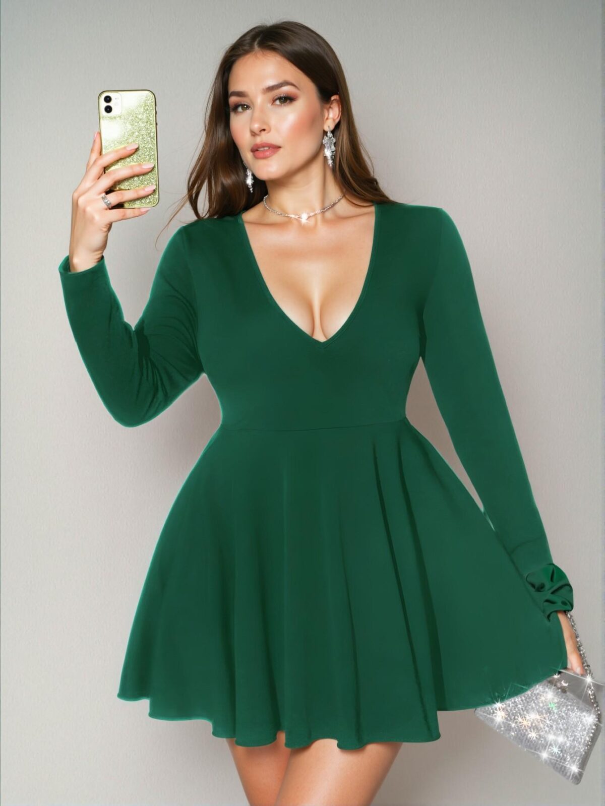 Elegant Dark Green Chic Deep V-Neck Loose Flare Hem Long Sleeve Casual Dress for a Stylish, Sophisticated Look to Impress