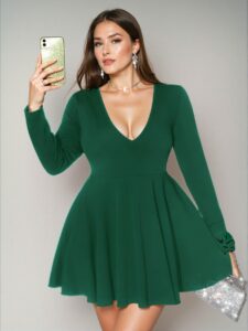 Elegant Dark Green Chic Deep V-Neck Loose Flare Hem Long Sleeve Casual Dress for a Stylish, Sophisticated Look to Impress