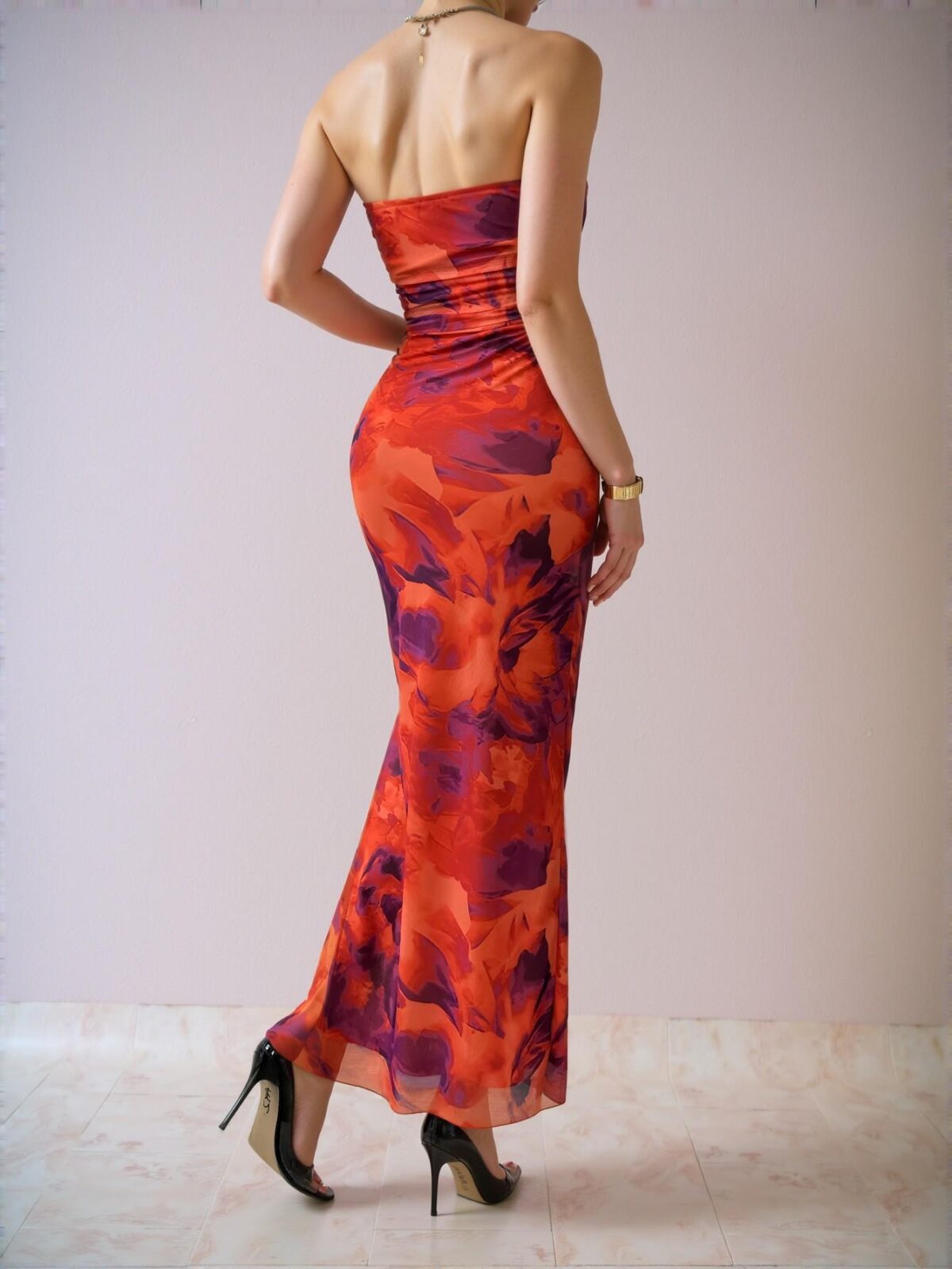 Elegant Multicolor Floral Pleated Bandeau Slit Hem Long Slim Maxi Dress for Spring and Summer "Chic, Classy and Trendy Fashion Style to Dress to Impress" - Image 2