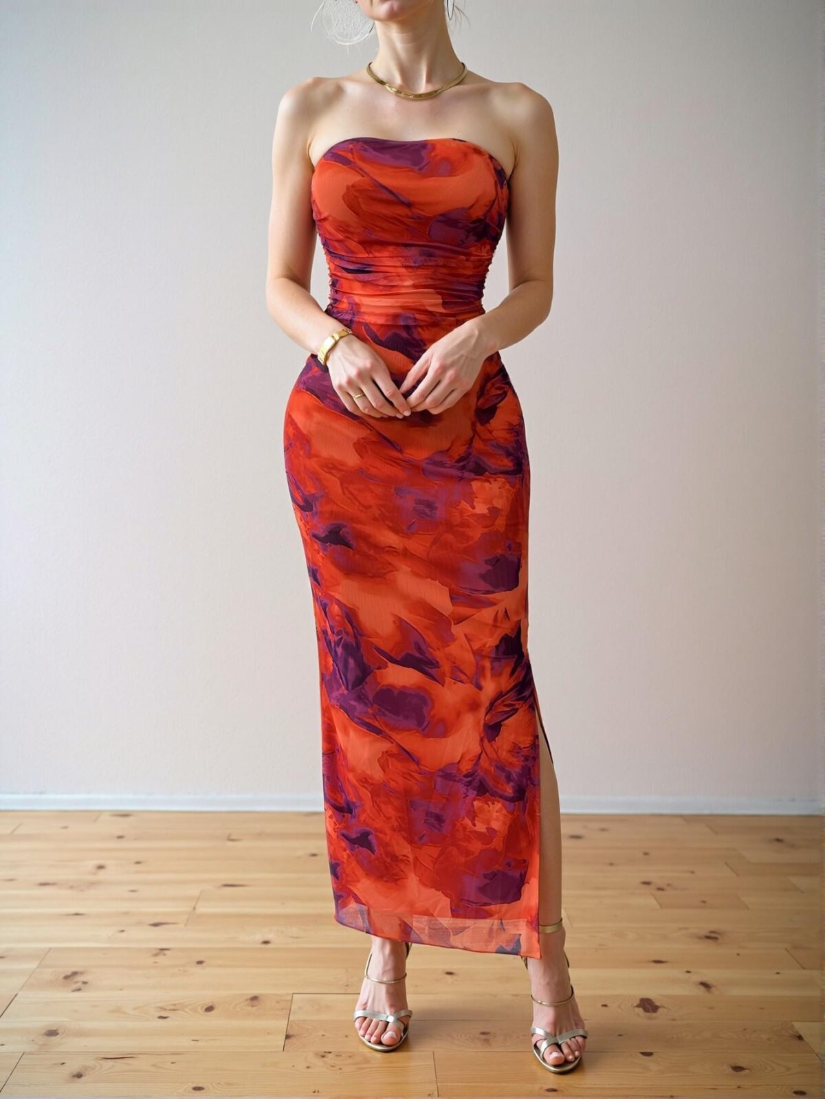 Elegant Multicolor Floral Pleated Bandeau Slit Hem Long Slim Maxi Dress for Spring and Summer "Chic, Classy and Trendy Fashion Style to Dress to Impress" - Image 3