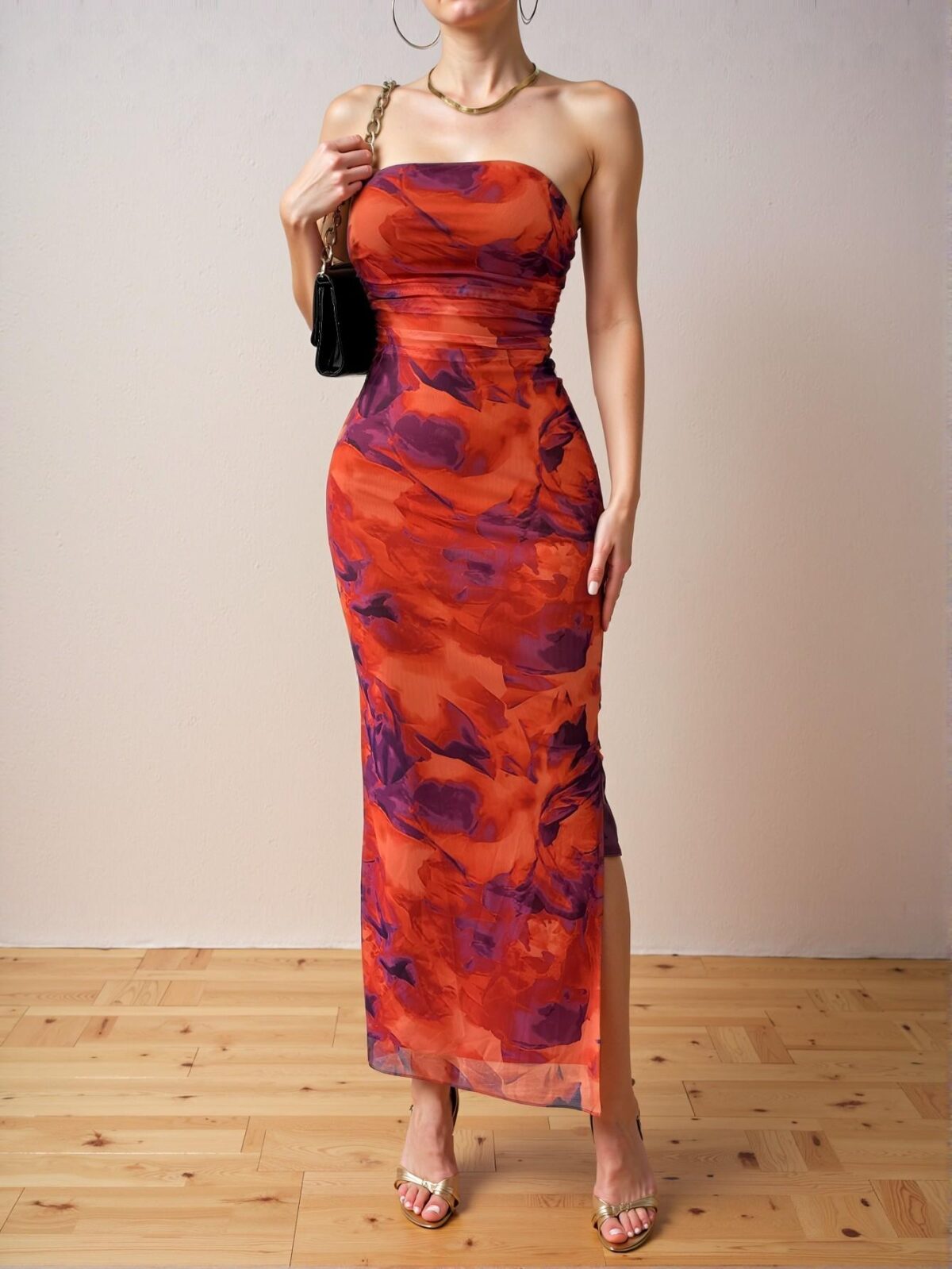 Elegant Multicolor Floral Pleated Bandeau Slit Hem Long Slim Maxi Dress for Spring and Summer "Chic, Classy and Trendy Fashion Style to Dress to Impress" - Image 5