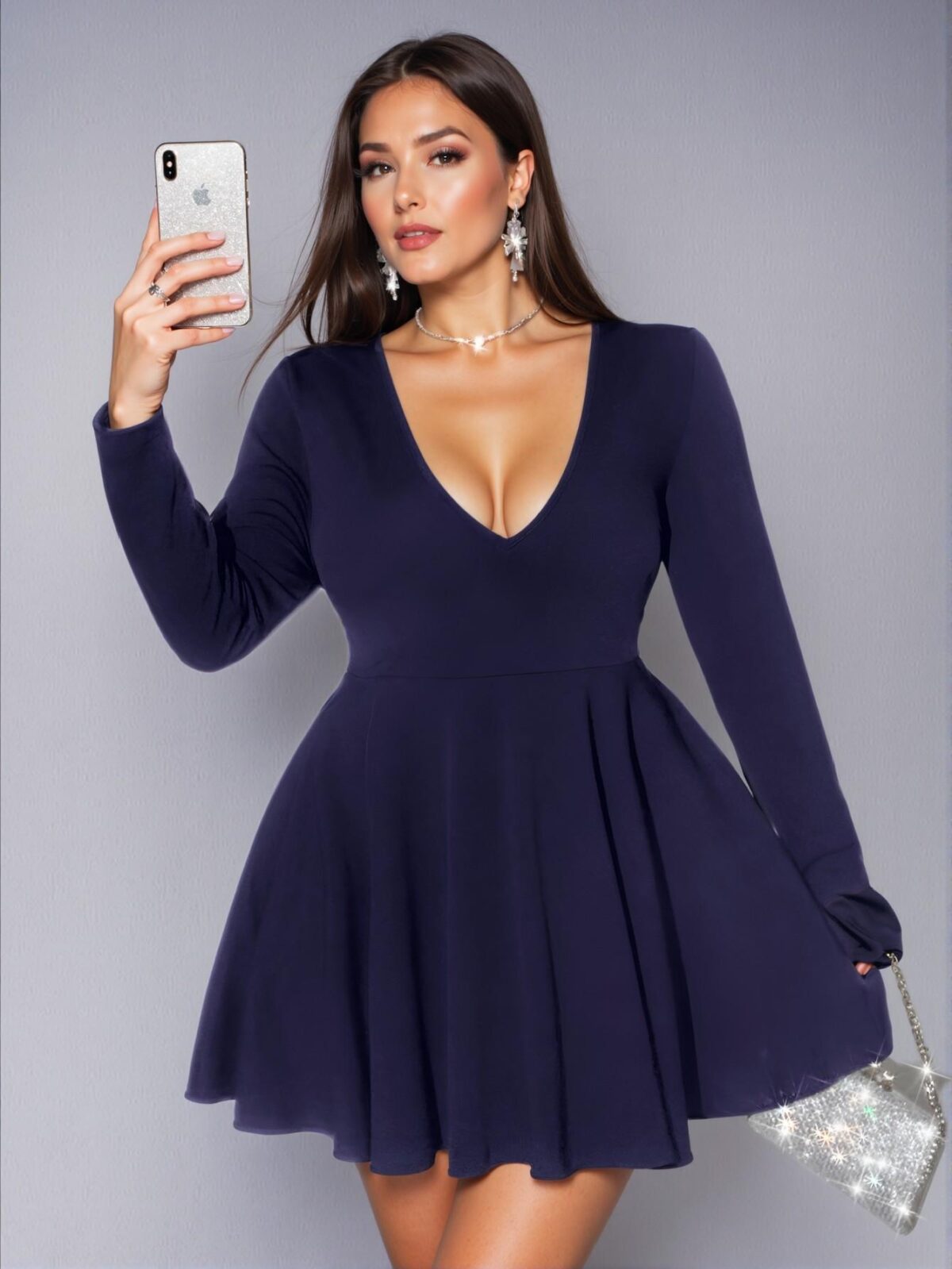 Elegant Navy Blue Flared A-Line Mini Dress with Deep V-Neck and Long Sleeves - Chic, Classy and Trendy Fashion Style to Dress to Impress