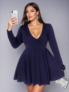 Elegant Navy Blue Flared A-Line Mini Dress with Deep V-Neck and Long Sleeves - Chic, Classy and Trendy Fashion Style to Dress to Impress
