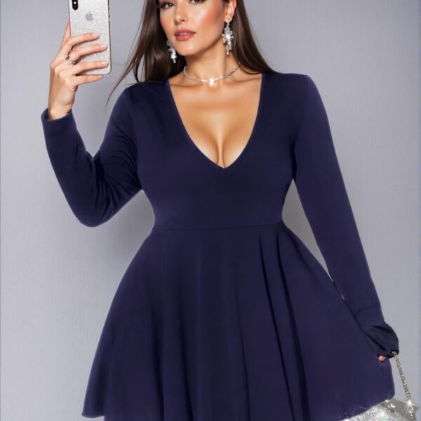 Elegant Navy Blue Flared A-Line Mini Dress with Deep V-Neck and Long Sleeves - Chic, Classy and Trendy Fashion Style to Dress to Impress