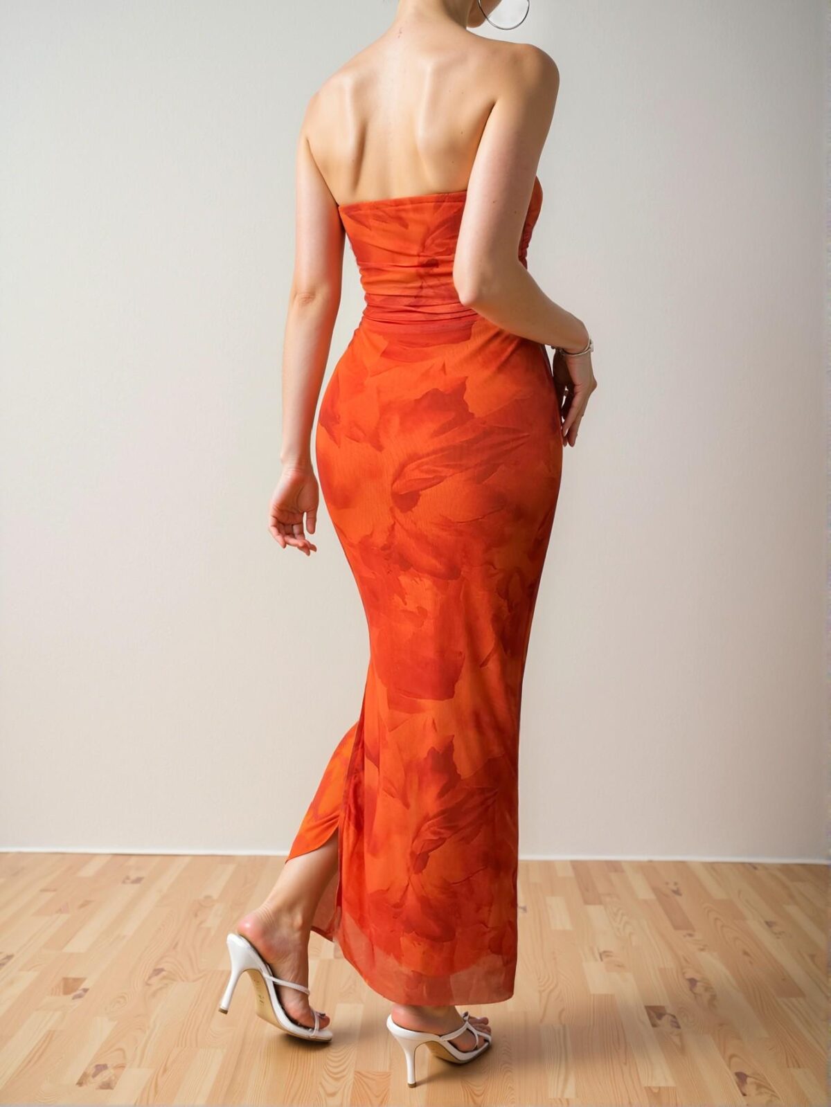 Elegant Orange Bodycon Floral Print Long Dress for Spring and Summer - Chic, Classy and Trendy Fashion Style to Dress to Impress - Image 2
