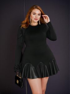Elegant Black Fitted Long Sleeve Ruffle Hem Asymmetrical PU Dress for Plus Size, Perfect for Spring and Autumn Celebrations - Chic, Classy and Trendy Fashion Style to Dress to Impress