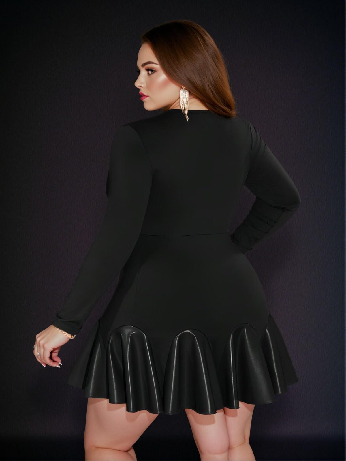 Elegant Black Fitted Long Sleeve Ruffle Hem Asymmetrical PU Dress for Plus Size, Perfect for Spring and Autumn Celebrations - Chic, Classy and Trendy Fashion Style to Dress to Impress - Image 2