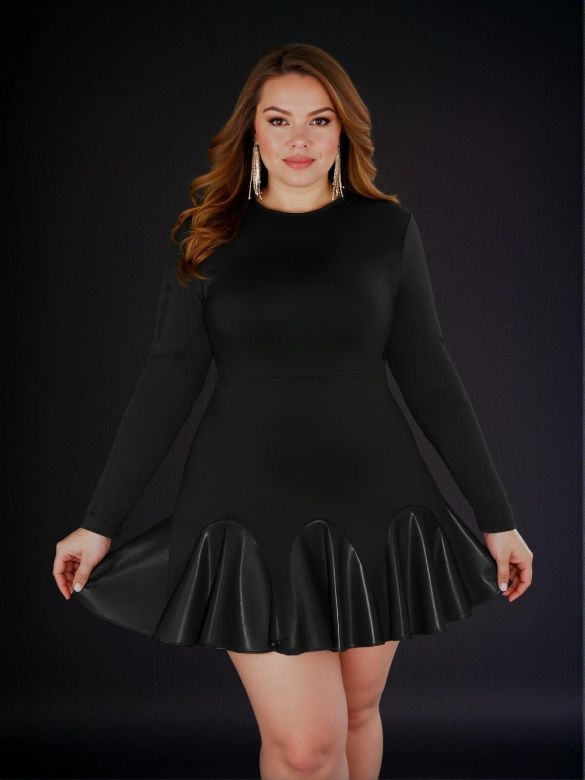 Elegant Black Fitted Long Sleeve Ruffle Hem Asymmetrical PU Dress for Plus Size, Perfect for Spring and Autumn Celebrations - Chic, Classy and Trendy Fashion Style to Dress to Impress - Image 5
