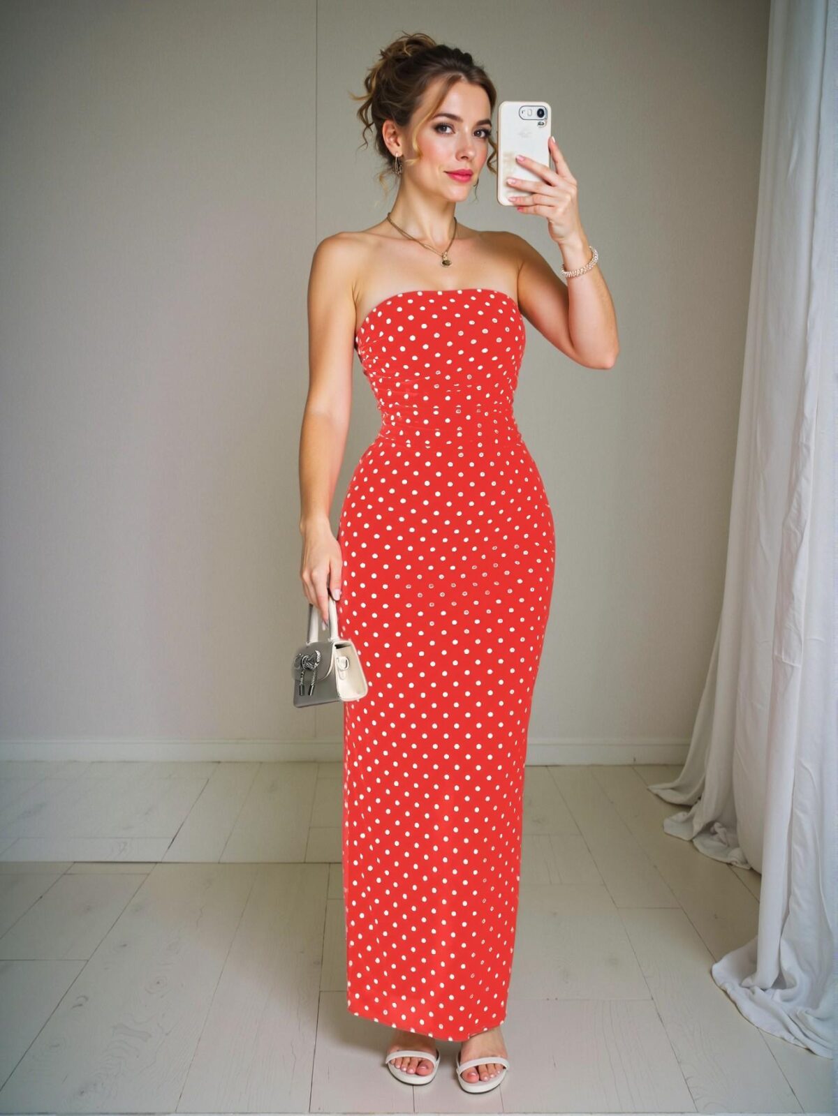 Elegant Red Ruched Waist Sweetheart Neck Polka Dot Mesh Dress for Spring and Summer - Chic, Classy and Trendy Fashion Style to Dress to Impress