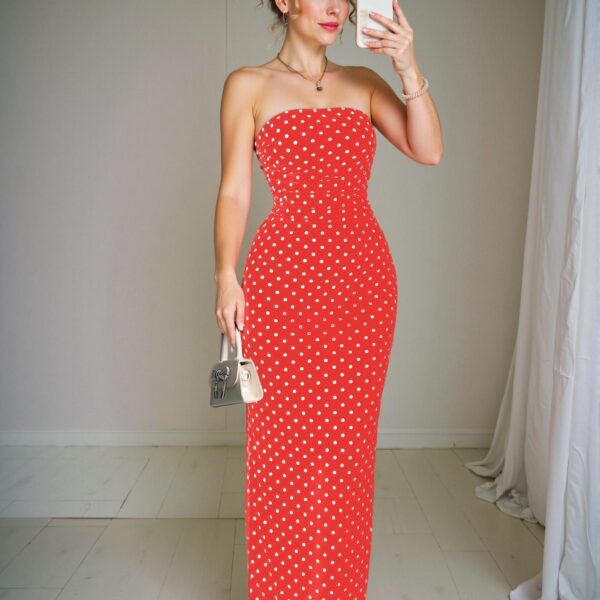 Elegant Red Ruched Waist Sweetheart Neck Polka Dot Mesh Dress for Spring and Summer - Chic, Classy and Trendy Fashion Style to Dress to Impress