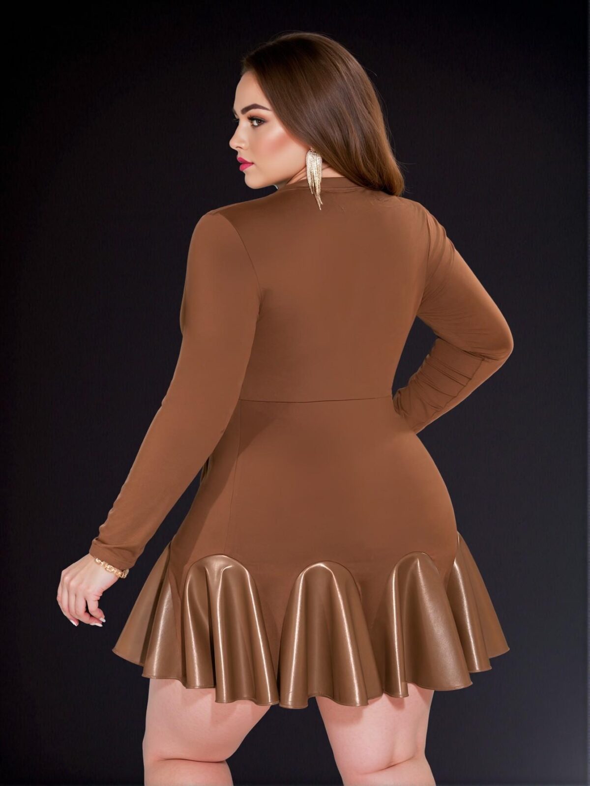 Elegant Brown Slim-Fit Ruffle Hem Mini Dress with Asymmetric Cut for Plus Size Women - Perfect for Spring and Autumn Events - Chic, Classy and Trendy Fashion Style to Dress to Impress - Image 2