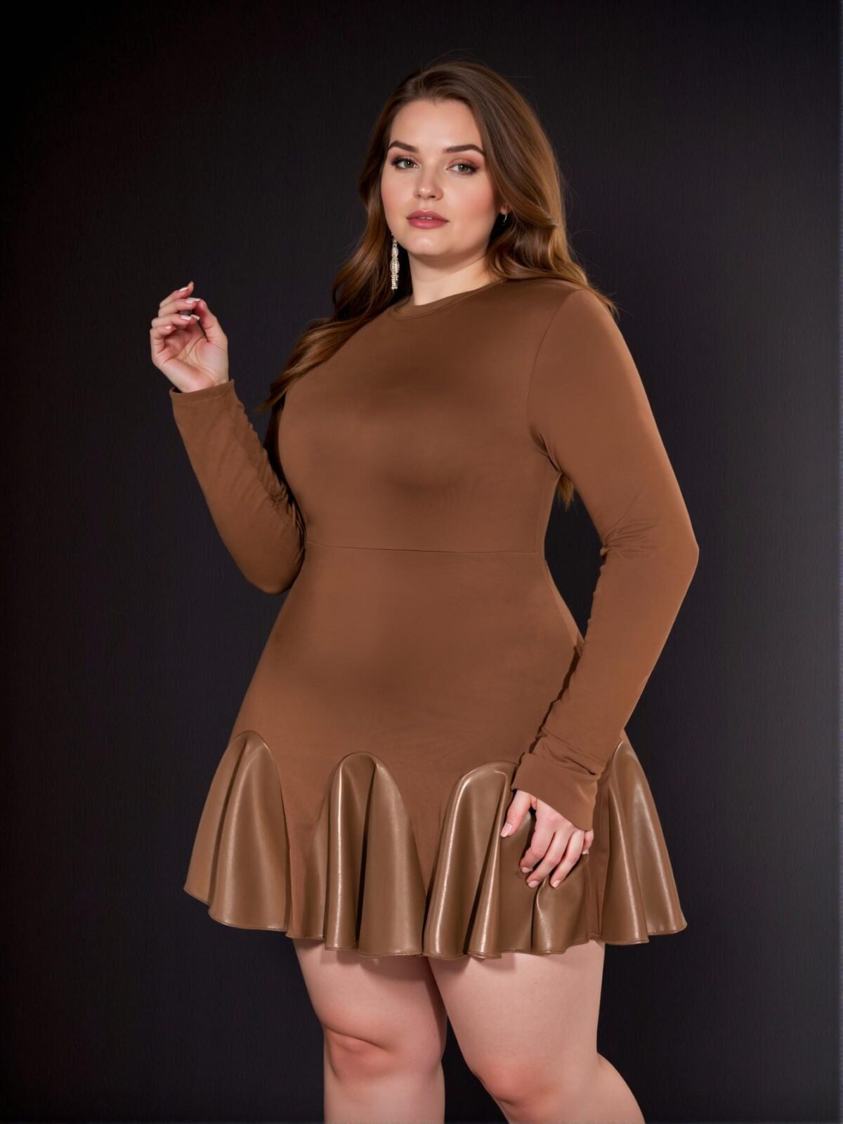 Elegant Brown Slim-Fit Ruffle Hem Mini Dress with Asymmetric Cut for Plus Size Women - Perfect for Spring and Autumn Events - Chic, Classy and Trendy Fashion Style to Dress to Impress - Image 3