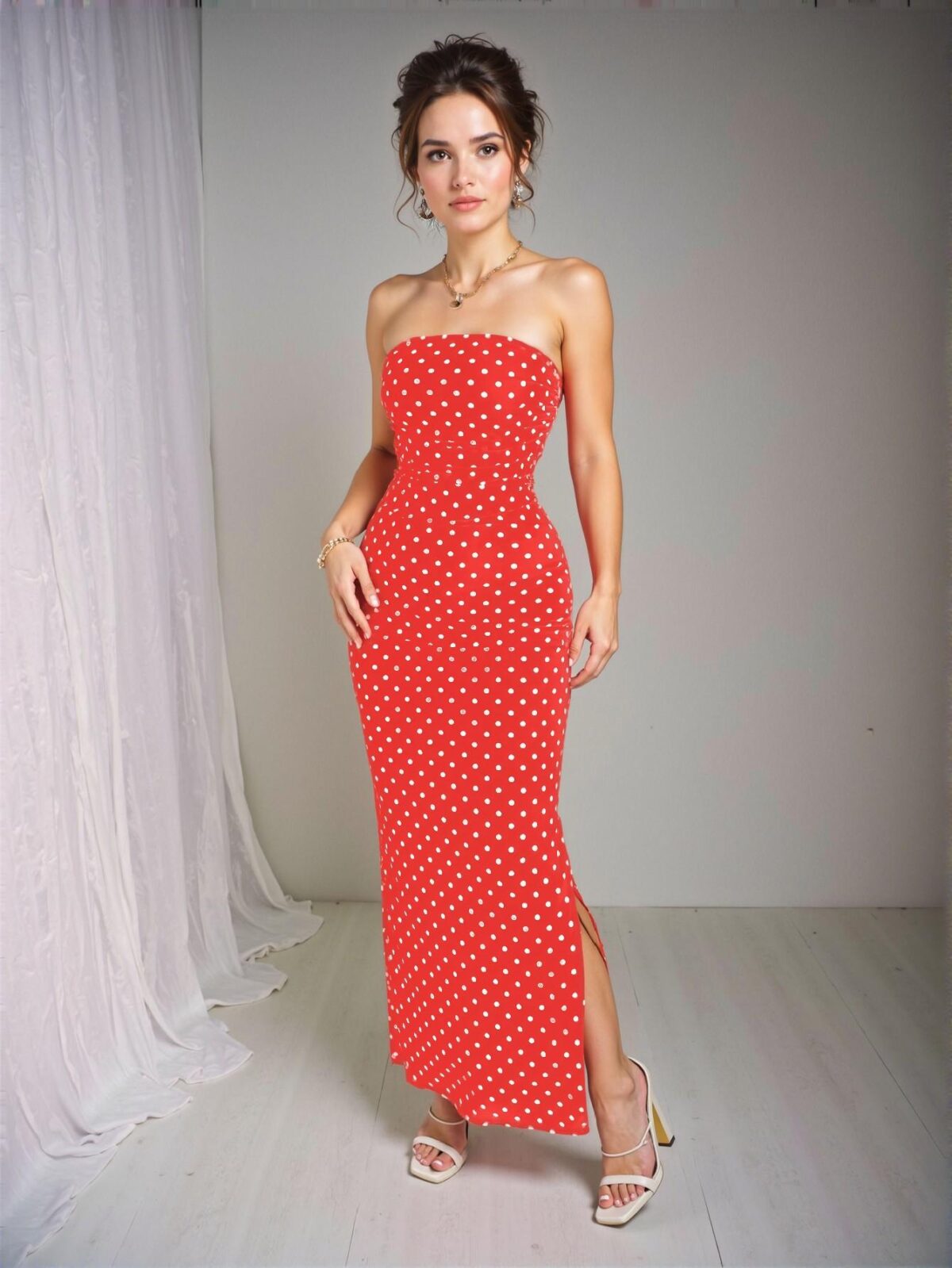 Elegant Red Ruched Waist Sweetheart Neck Polka Dot Mesh Dress for Spring and Summer - Chic, Classy and Trendy Fashion Style to Dress to Impress - Image 4