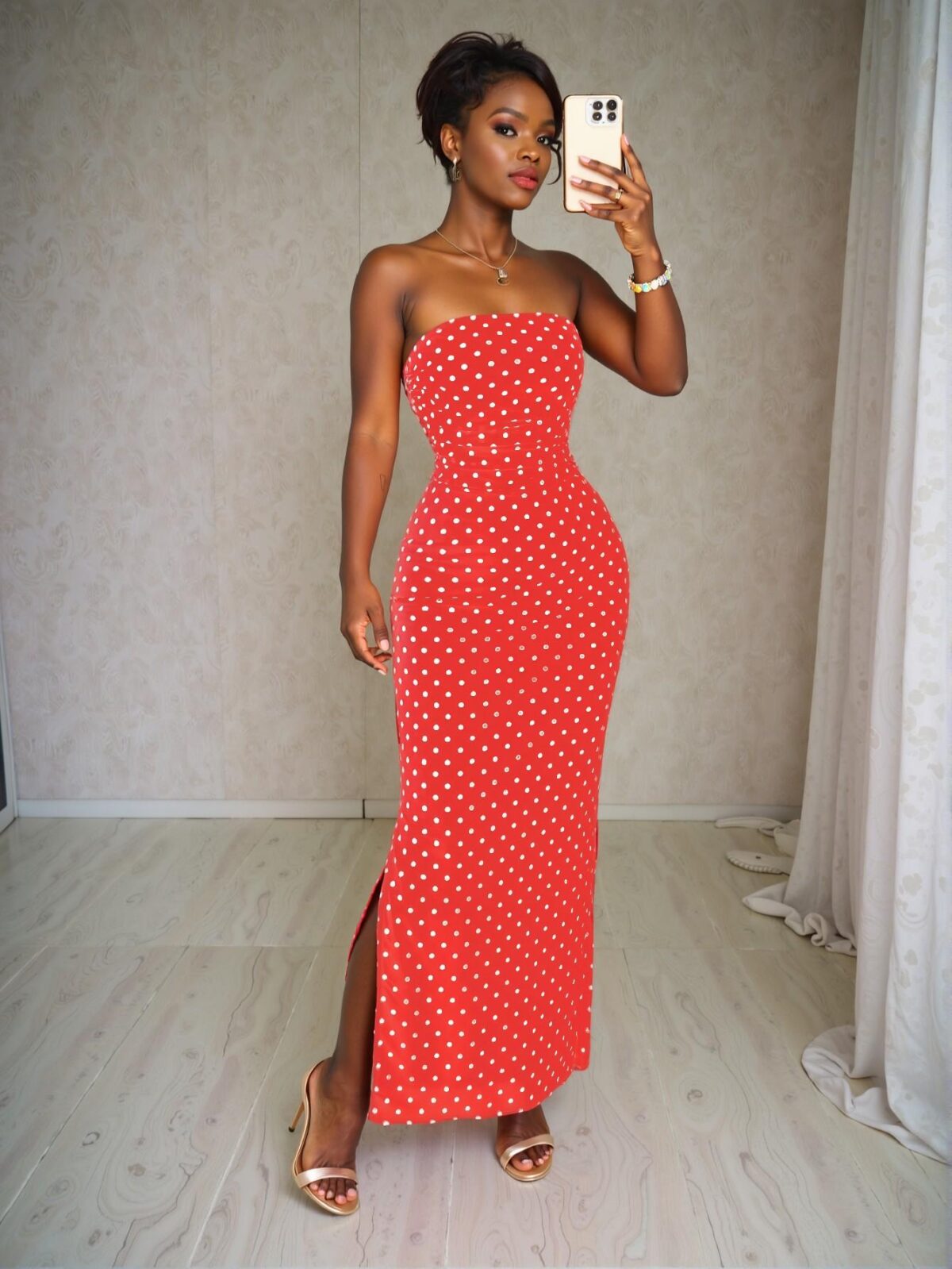 Elegant Red Ruched Waist Sweetheart Neck Polka Dot Mesh Dress for Spring and Summer - Chic, Classy and Trendy Fashion Style to Dress to Impress - Image 5