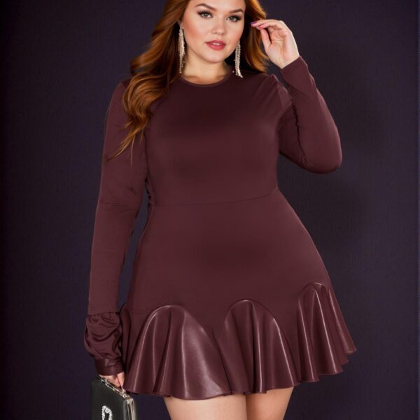 Elegant Burgundy Slim Fitted Long Sleeve Asymmetrical Ruffle Hem PU Dress for Plus Size Women - Perfect for Spring, Autumn, and Graduation Celebrations - Chic, Classy and Trendy Fashion Style to Dress to Impress