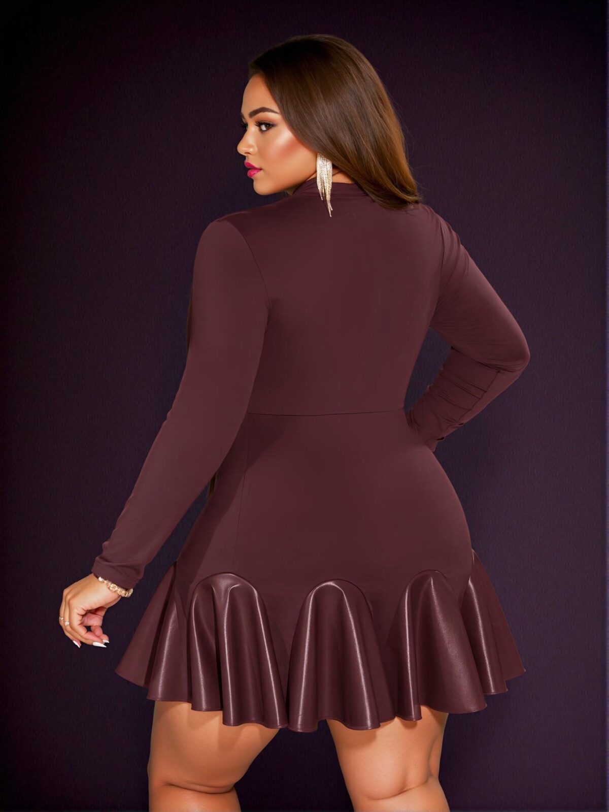 Elegant Burgundy Slim Fitted Long Sleeve Asymmetrical Ruffle Hem PU Dress for Plus Size Women - Perfect for Spring, Autumn, and Graduation Celebrations - Chic, Classy and Trendy Fashion Style to Dress to Impress - Image 2